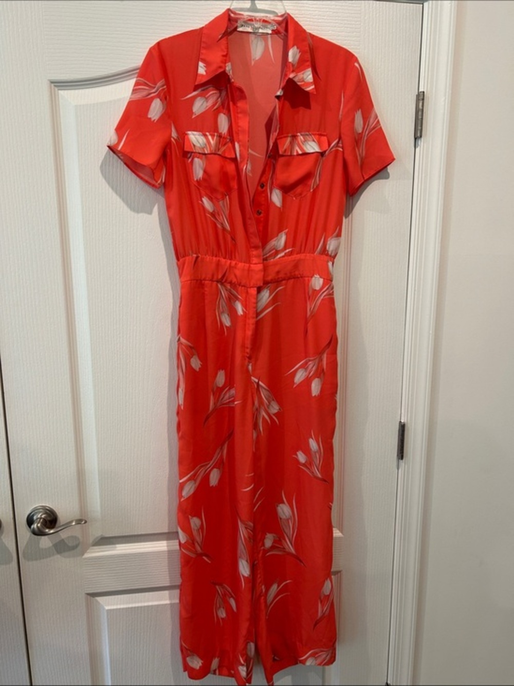Fame and Partners Coral-Red Floral Long-Sleeve Shirt Jumpsuit